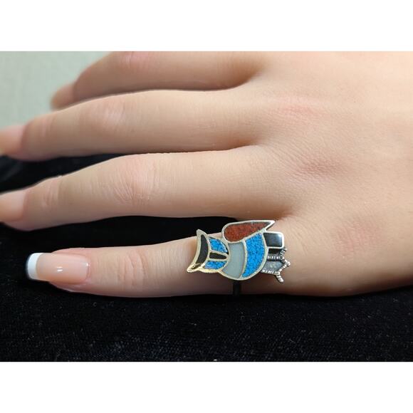 Vintage Native American Zuni Turquoise Sterling Silver Owl Inlay Ring Size 3.75 - Picture 2 of 7